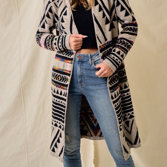 new ON BLUE SWEATER CARDIGAN WRAP boho western AZTEC TRIBAL TAUPE jacquard SM-3X - Picture 2 of 12